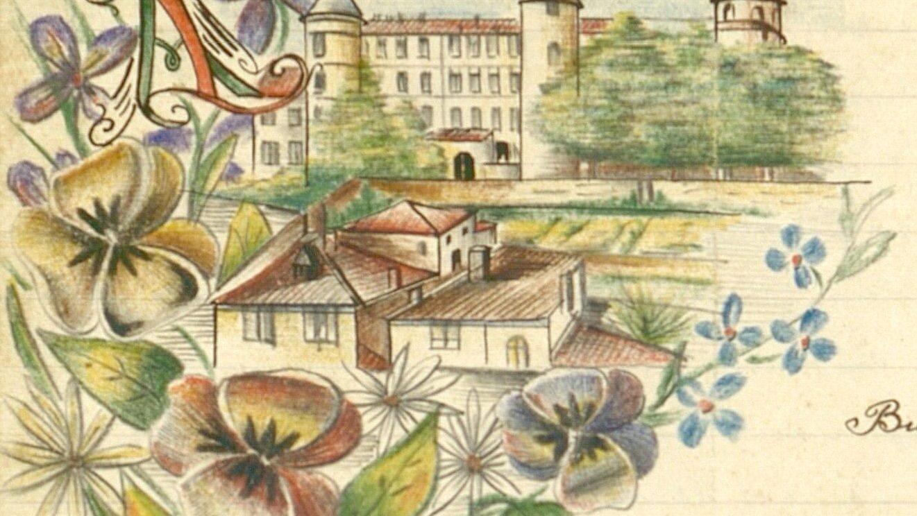 Dessin du palais des évêques de Saint-Lizier entouré de fleurs en haut à gauche de la correspondance.