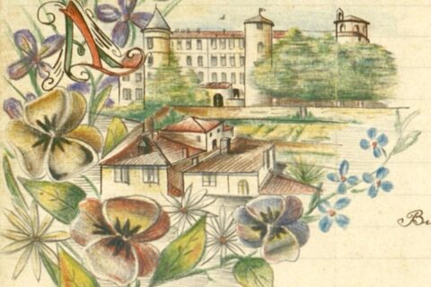 Dessin du palais des évêques de Saint-Lizier entouré de fleurs en haut à gauche de la correspondance.