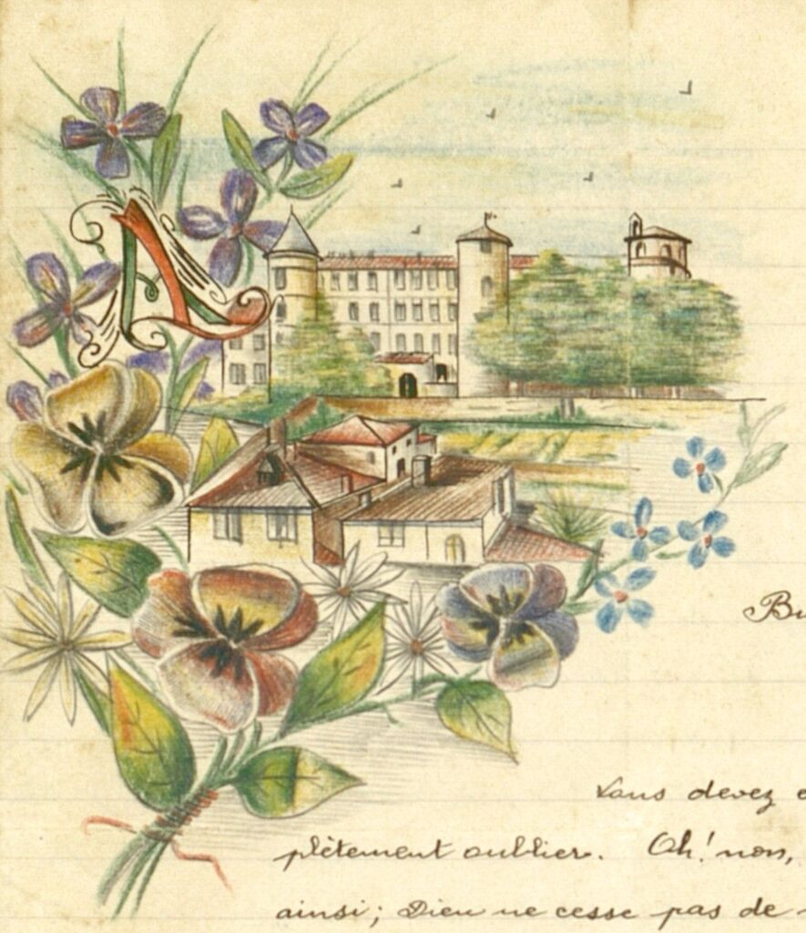 Dessin du palais des évêques de Saint-Lizier entouré de fleurs en haut à gauche de la correspondance. - Agrandir l'image, fenêtre modale