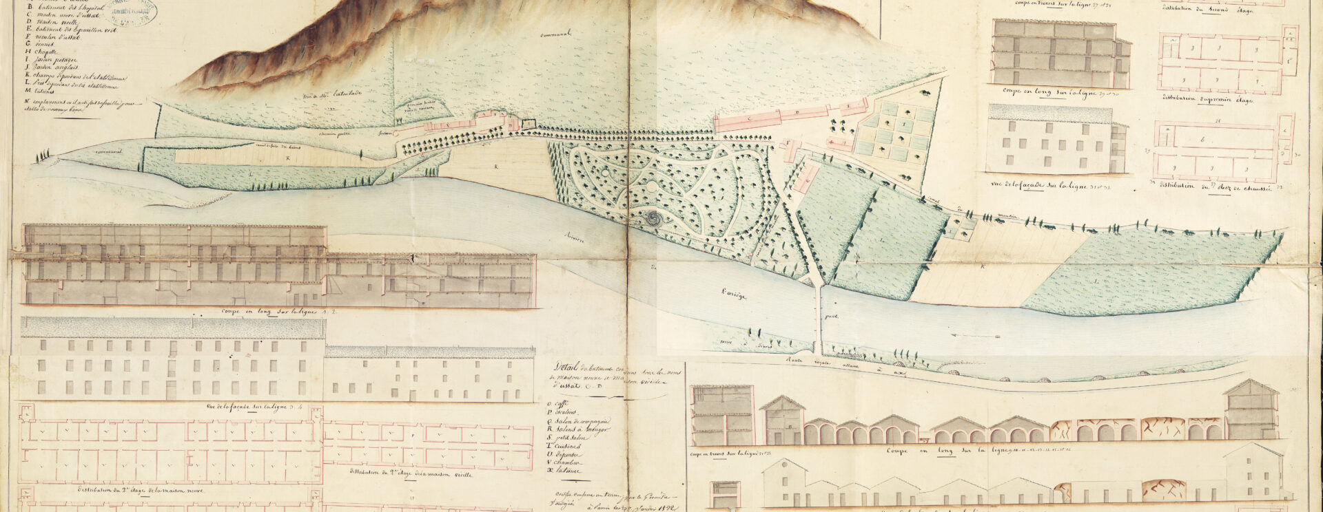 Plan aquarellé des thermes d'Ussat et de leur parc.