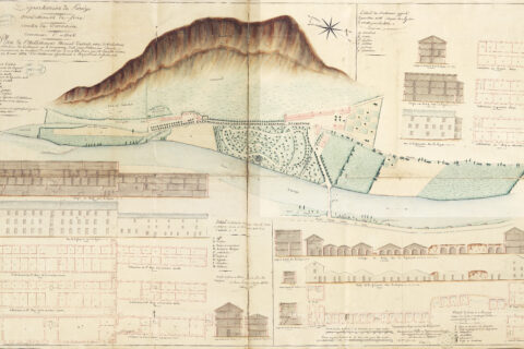 Plan aquarellé des thermes d'Ussat et de leur parc.