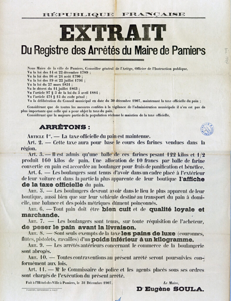 Arrêté municipal du maire de Pamiers du 31 décembre 1907  - Agrandir l'image, fenêtre modale